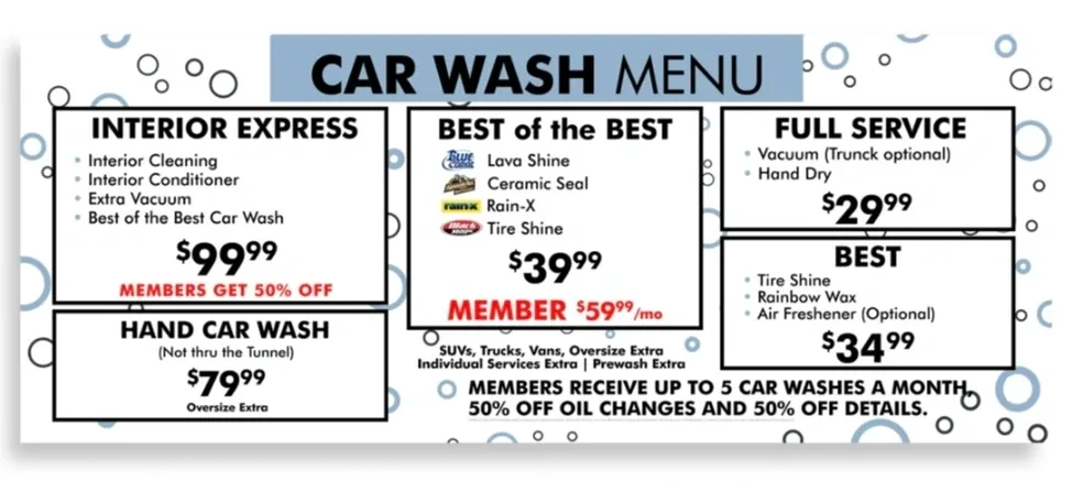 Fashion Square Car Wash Menu